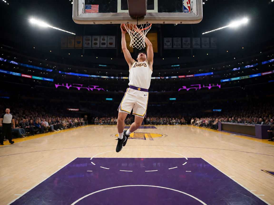 NBA篮球比赛中球员跳起扣篮的精彩瞬间，球场灯光聚焦在球员身上