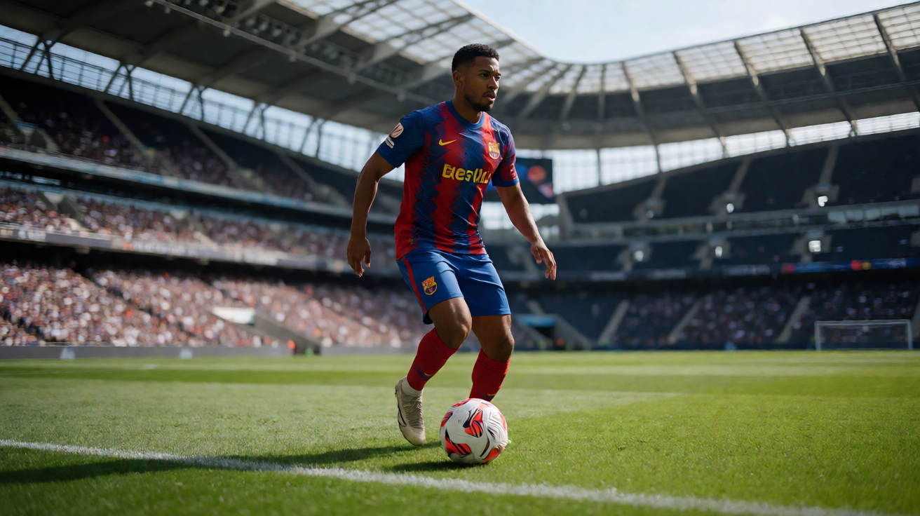 足球运动员在球场上带球突破，身穿球队主场球衣专注观察队友跑位